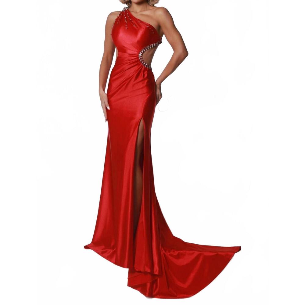 NEW JOHNATHAN KAYNE satin mermaid cutout gown with slit in cherry